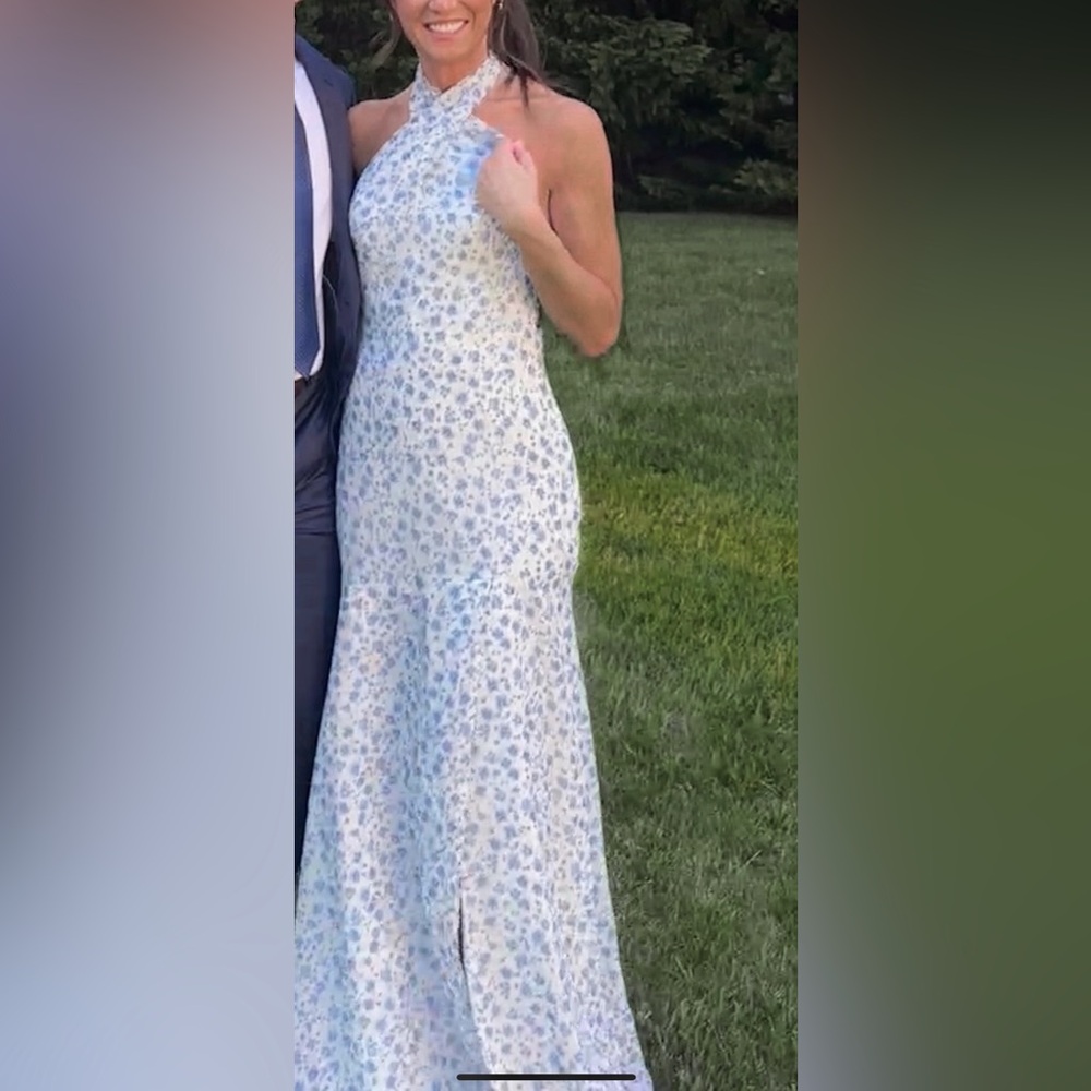 White and blue Revelry bridesmaid dress